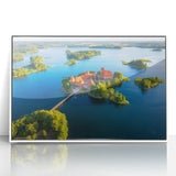 Mid-century modernist art depicting a serene Lithuanian landscape on white framed acrylic, ideal for nursery wall art.