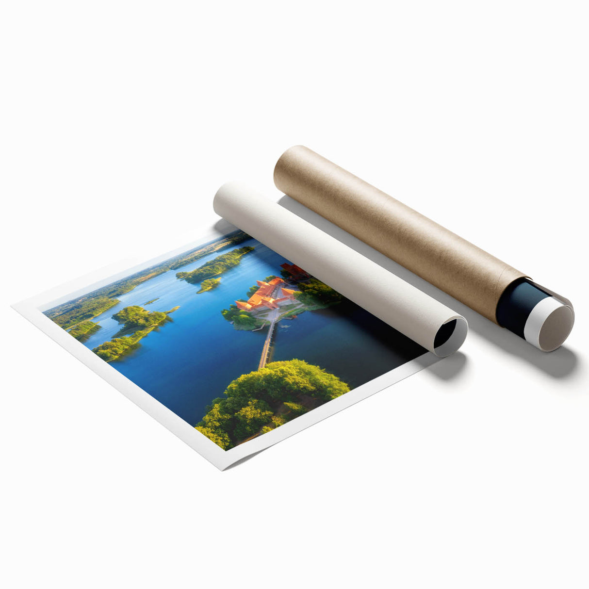 Extra large rolled print of a serene Lithuanian landscape with soft floral elements, ideal for classy bathroom wall art.