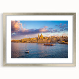 Extra large abstract art print of a European Malta scenery in silver frame, ideal for living room decor.