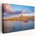 Large art print of Malta scenery on stretched canvas, featuring vivid blue and white tones, suitable for kitchen wall art.