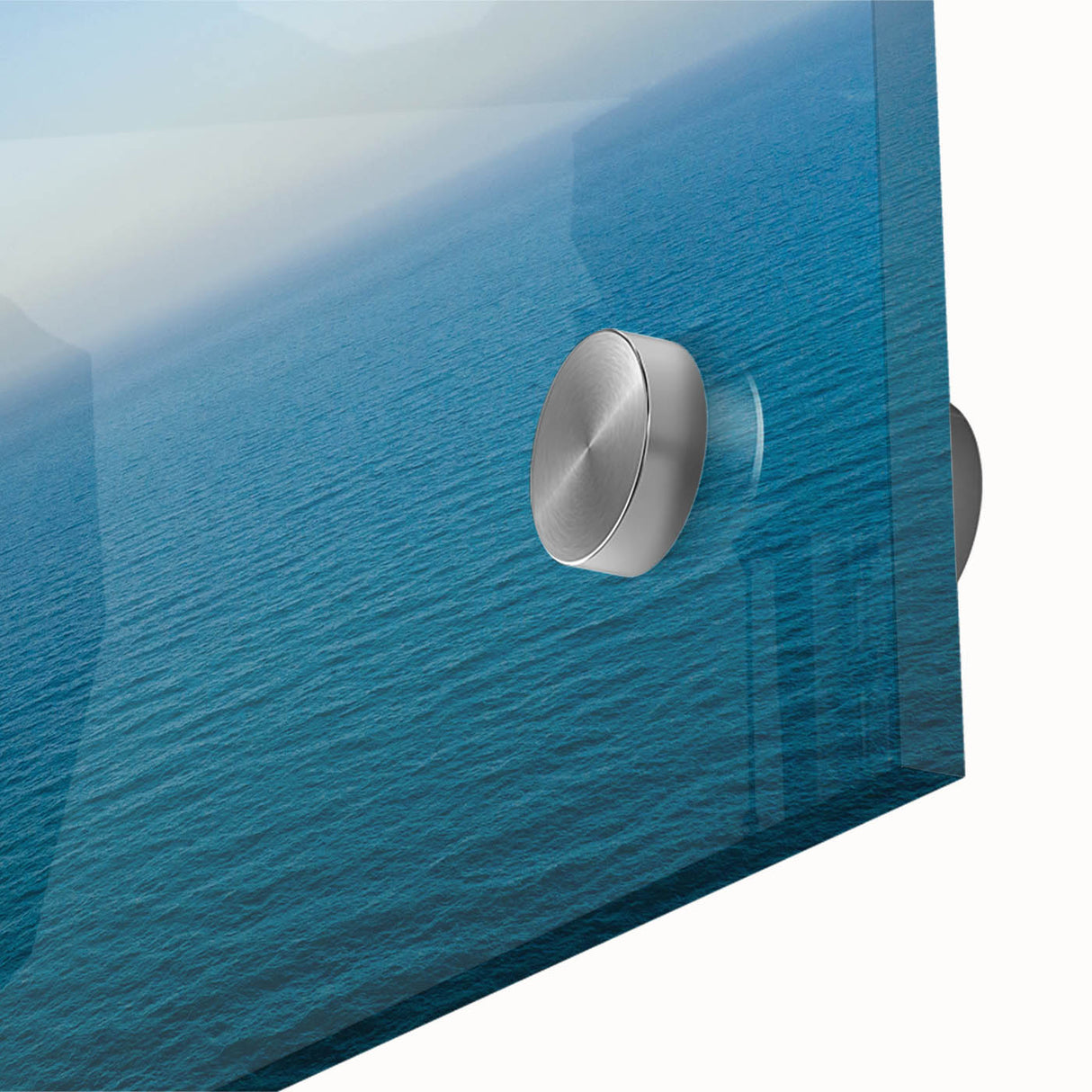 Large abstract wall art of the Mediterranean Sea in mid-century modernist style, with vibrant blue tones on acrylic glass.