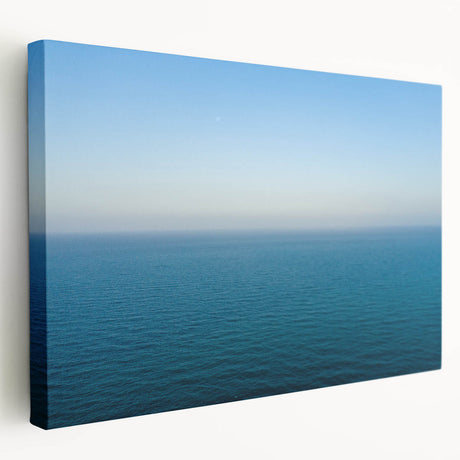 Large stretched canvas depicting the Mediterranean Sea with soft blue and white tones, suitable for kitchen wall art.