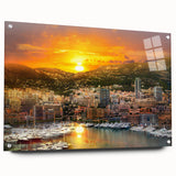 Acrylic print of a European Monaco scenery in muted earth tones, ideal for dining room decor.