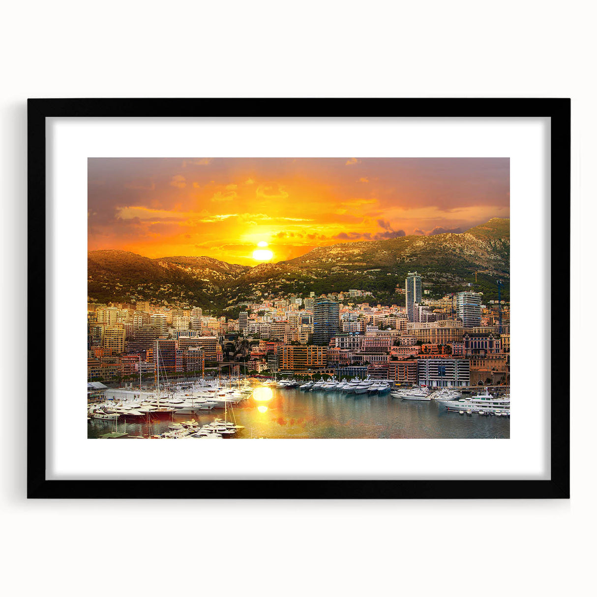 Extra large abstract art print of colorful Monaco scenery in a black frame, ideal for living room decor.