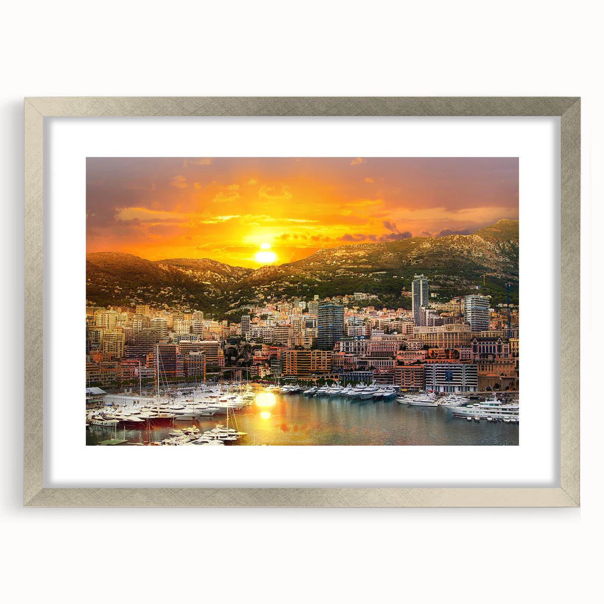 Extra large abstract art print of Monaco scenery in textured silver frame, ideal for living room decor.