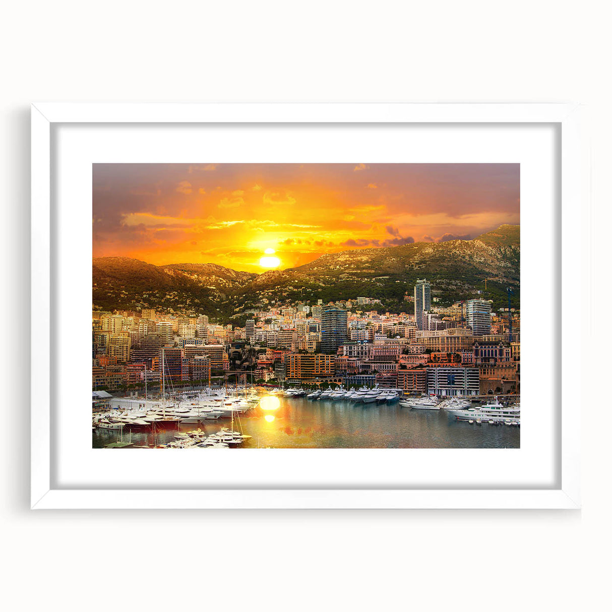 Textured abstract art print of Monaco scenery in muted earth tones on a white framed canvas, ideal for bedroom art.