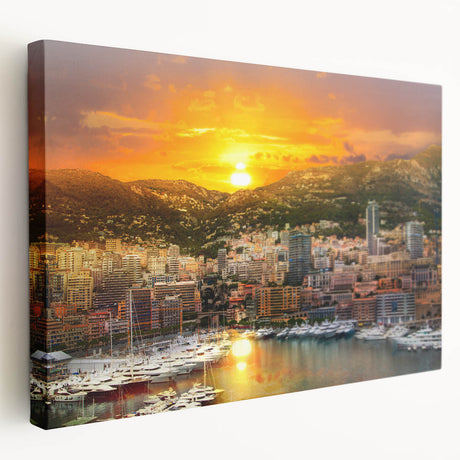Side view of a stretched canvas depicting a vibrant scene of Monaco, ideal for kitchen wall art.