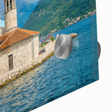 Large abstract wall art of a Montenegro scenery in muted earth tones on acrylic glass, ideal for dining room ambiance.