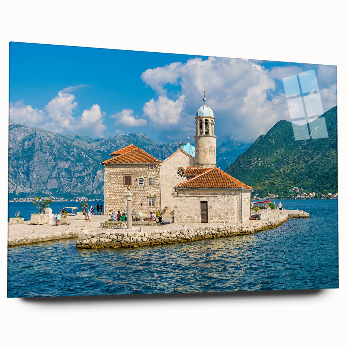 Large abstract wall art of a European scenery in Montenegro, depicted in vibrant greens and blues on acrylic glass.