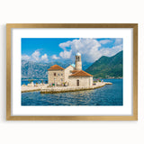 Abstract art print of a European Montenegro scenery in muted earth tones, framed with a gold mat.