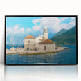Large abstract wall art depicting a European Montenegro scenery in muted earth tones on a black framed acrylic panel.