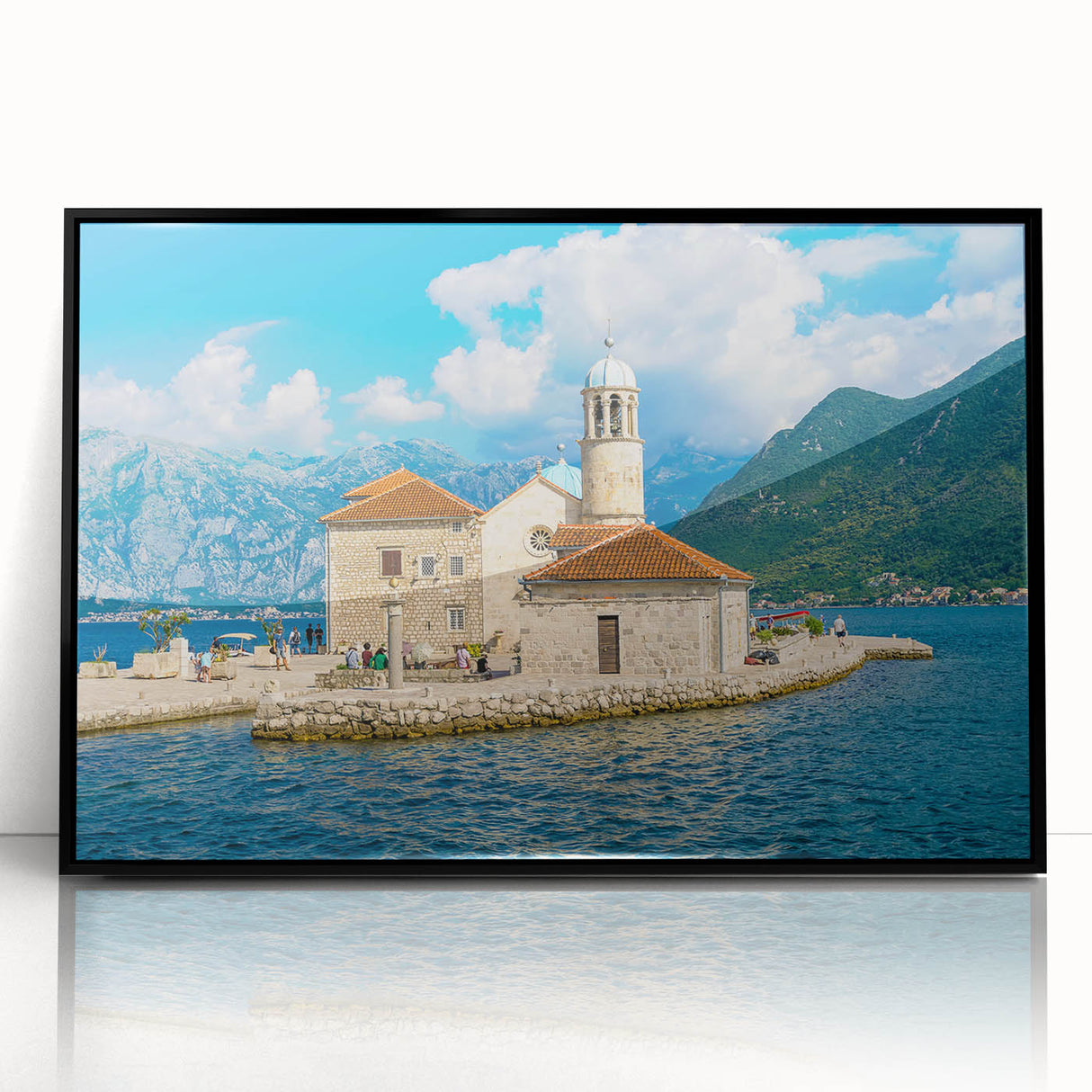 Large abstract wall art depicting a European Montenegro scenery in muted earth tones on a black framed acrylic panel.
