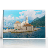 Mid-century modernist art depicting a serene European Montenegro landscape in muted earth tones on a framed acrylic.