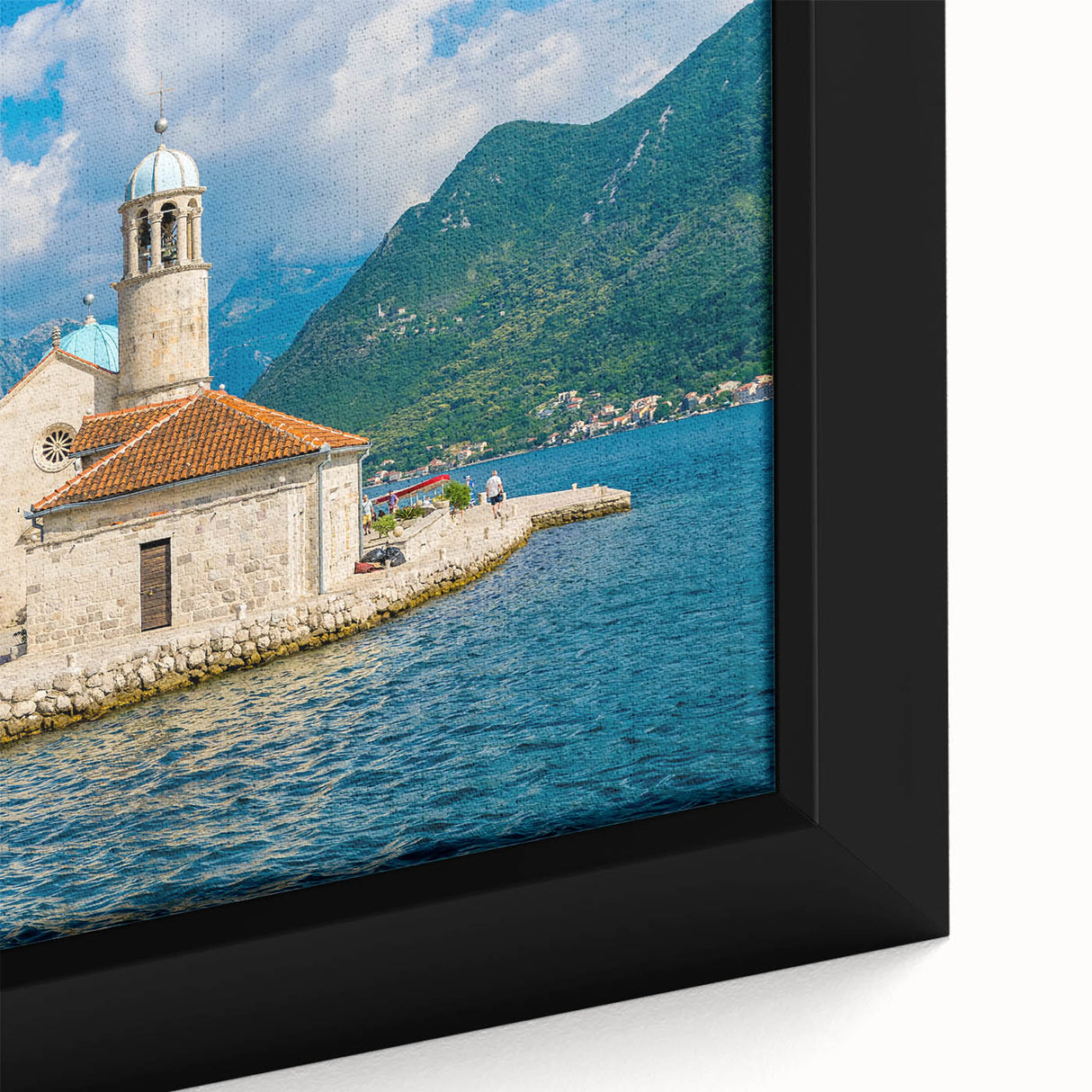 Black wall art featuring a textured, colorful European Montenegro scenery on a framed canvas, ideal for living room decor.