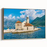 Framed canvas featuring a vintage-style landscape painting of Montenegro, with muted earth tones, ideal for bedroom wall art.
