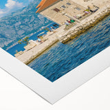Art deco poster of Montenegro scenery in muted earth tones on rolled canvas, suitable for dining room wall art.