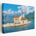 Scenic view of Montenegro on a stretched canvas, featuring deep blue and green tones, ideal for kitchen wall art.