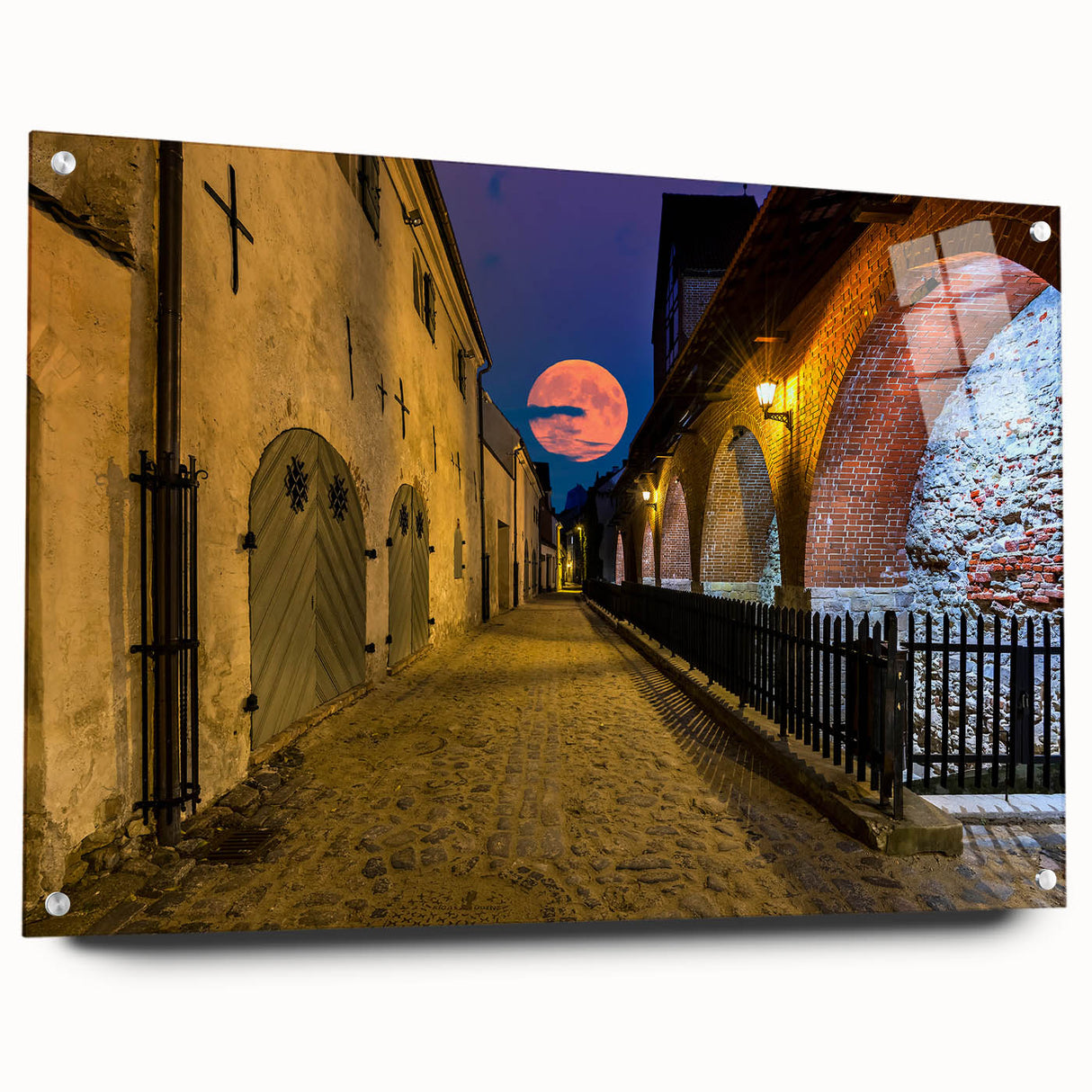 Acrylic print of Amsterdam scenery with a side view, featuring a mix of vibrant and muted tones, ideal for dining room decor.