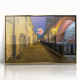 Art deco poster of Amsterdam canals in muted gold and blue tones, framed acrylic, ideal for modern art wall decor.