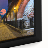 Black wall art of Amsterdam scenery with colorful, textured details on a large framed canvas, ideal for living room decor.