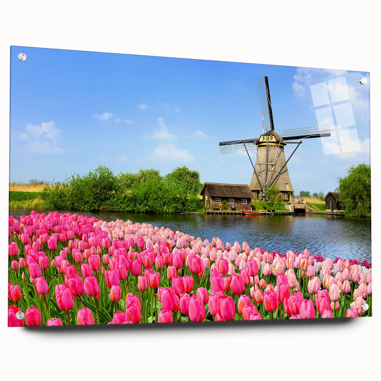 Acrylic print of a European landscape with muted green and blue tones, suitable for dining room decor.