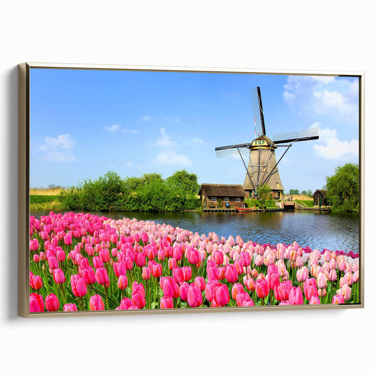 Framed canvas of a vintage-style Dutch landscape in muted gold and black tones, ideal for bedroom wall decor.