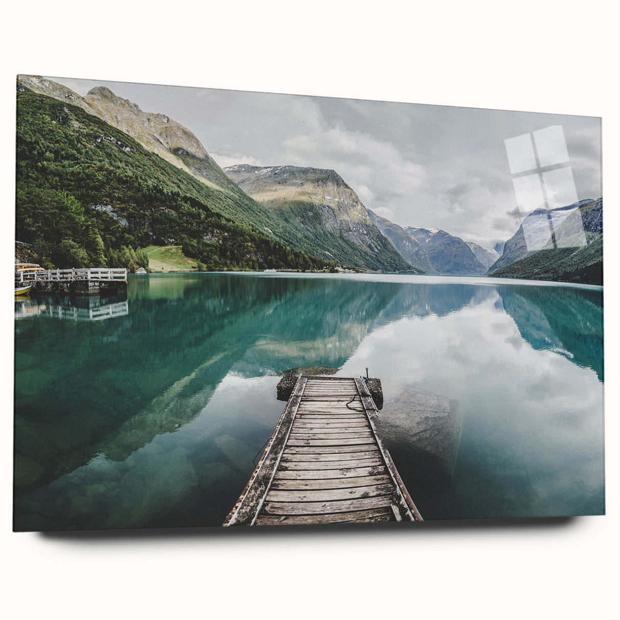Large abstract depiction of a Norwegian landscape on acrylic glass, using cool blue and green tones.
