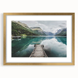 Abstract art print of a serene Norwegian landscape in muted earth tones on a framed canvas, suitable for dining room decor.