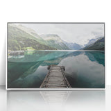 Mid-century modernist art of a Norwegian landscape in muted earth tones on a framed acrylic, ideal for nursery wall decor.