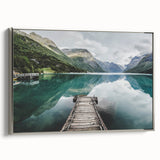 Landscape art painting of a Norwegian scenery in vibrant colors on a framed canvas, ideal for living room decor.