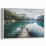 Vintage poster art of a scenic Norway landscape in vibrant colors on a large framed canvas, ideal for living room decor.