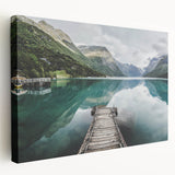 Large canvas print of a serene Norwegian landscape in muted blue and green tones, suitable for kitchen wall art.