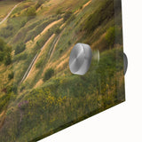 Large abstract wall art featuring a mid-century modernist style Polish landscape in muted earth tones on acrylic glass.