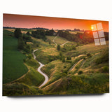 Large abstract wall art of a European scenery in muted earth tones on acrylic glass, ideal for bedroom or dining room decor.