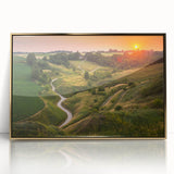 Art deco poster of a Polish landscape scene with muted gold and green tones, framed acrylic.