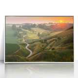 Mid-century modernist art deco poster featuring a serene European landscape in muted earth tones on a framed acrylic.