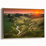 Framed canvas wall art featuring a vintage-style landscape painting of a Polish scenery in muted gold and black tones.