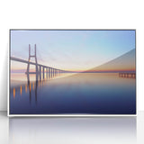 Mid-century modernist art of Lisbon scenery in muted colors on a framed acrylic, ideal for modern art wall decor.