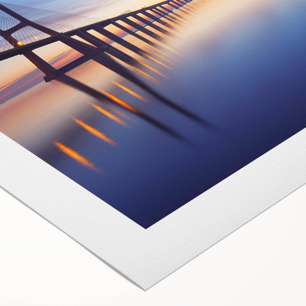 Art deco poster of Lisbon skyline in muted blue tones on rolled canvas, suitable for dining room wall art.