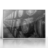 Mid-century modernist art of Porto's riverside in muted blue and white tones, acrylic print framed.