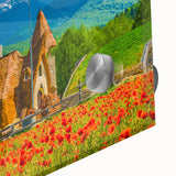 Mid-century modernist abstract of Romanian landscape in muted earth tones on acrylic glass, ideal for dining room art.