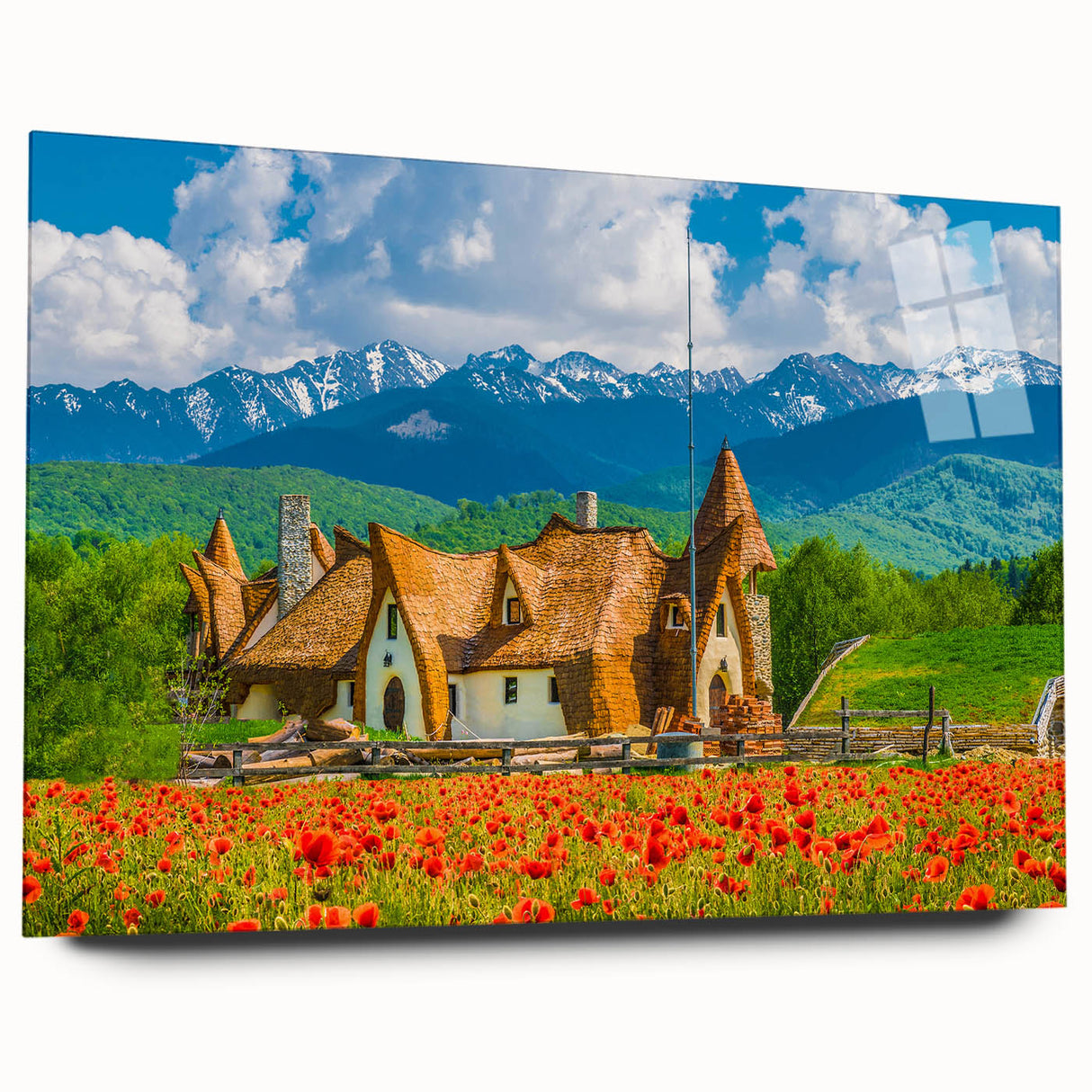 Large abstract wall art of a Romanian landscape in muted earth tones on acrylic glass.