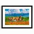 Extra large abstract art print of a colorful, textured European scenery on a black framed canvas.