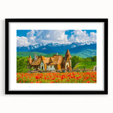 Extra large abstract art print of a colorful, textured European scenery on a black framed canvas.