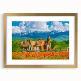 Abstract art print depicting a Romanian landscape in muted earth tones on a framed canvas, suitable for dining room decor.