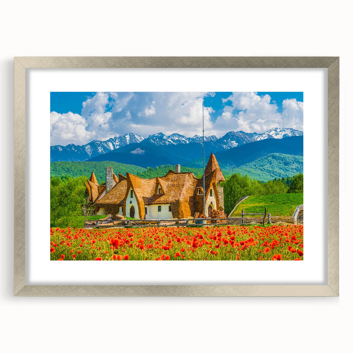 Extra large abstract art print depicting a textured European scenery in muted earth tones on a framed canvas.