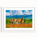 Textured abstract art print depicting a European scenery in muted earth tones on a framed white mat, ideal for bedroom decor.