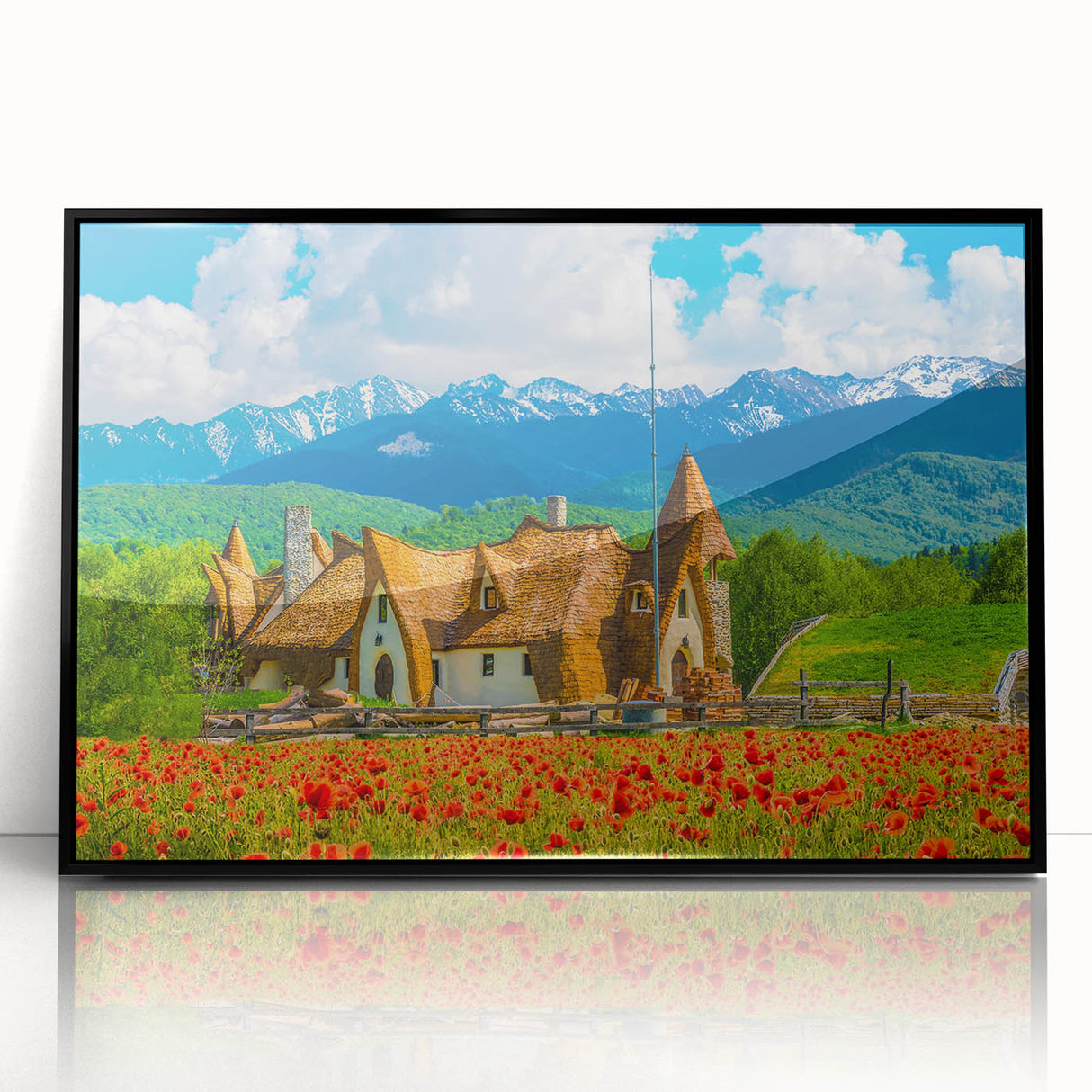 Large abstract wall art featuring a mid-century modernist European scenery in black and white tones on framed acrylic.