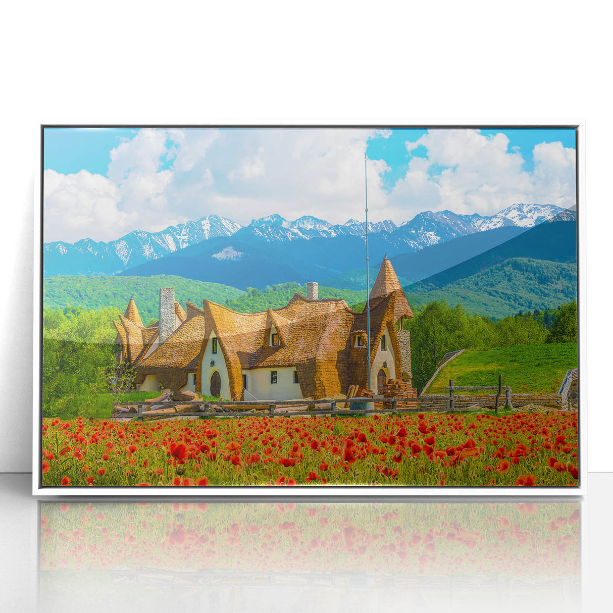 Mid-century modernist art depicting a serene Romanian landscape in muted earth tones on a framed acrylic print.