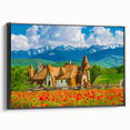 Black and white framed canvas of a Romanian landscape, ideal for bedroom wall art in a vintage poster style.